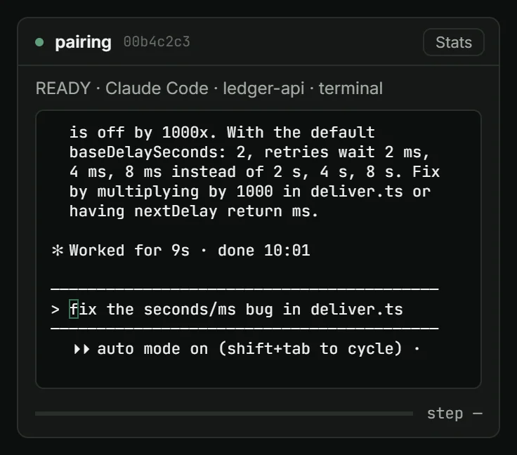 The pairing agent card in terminal mode: the Claude Code interface inside the card, answering that retries wait 2, 4 and 8 milliseconds instead of seconds, with its input box and auto-mode footer.